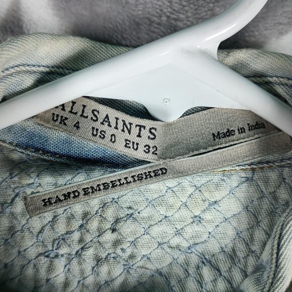 AllSaints Raine Denim Shirt Womens 0 Blue Hand Embellished Distressed Beaded - Picture 2 of 14
